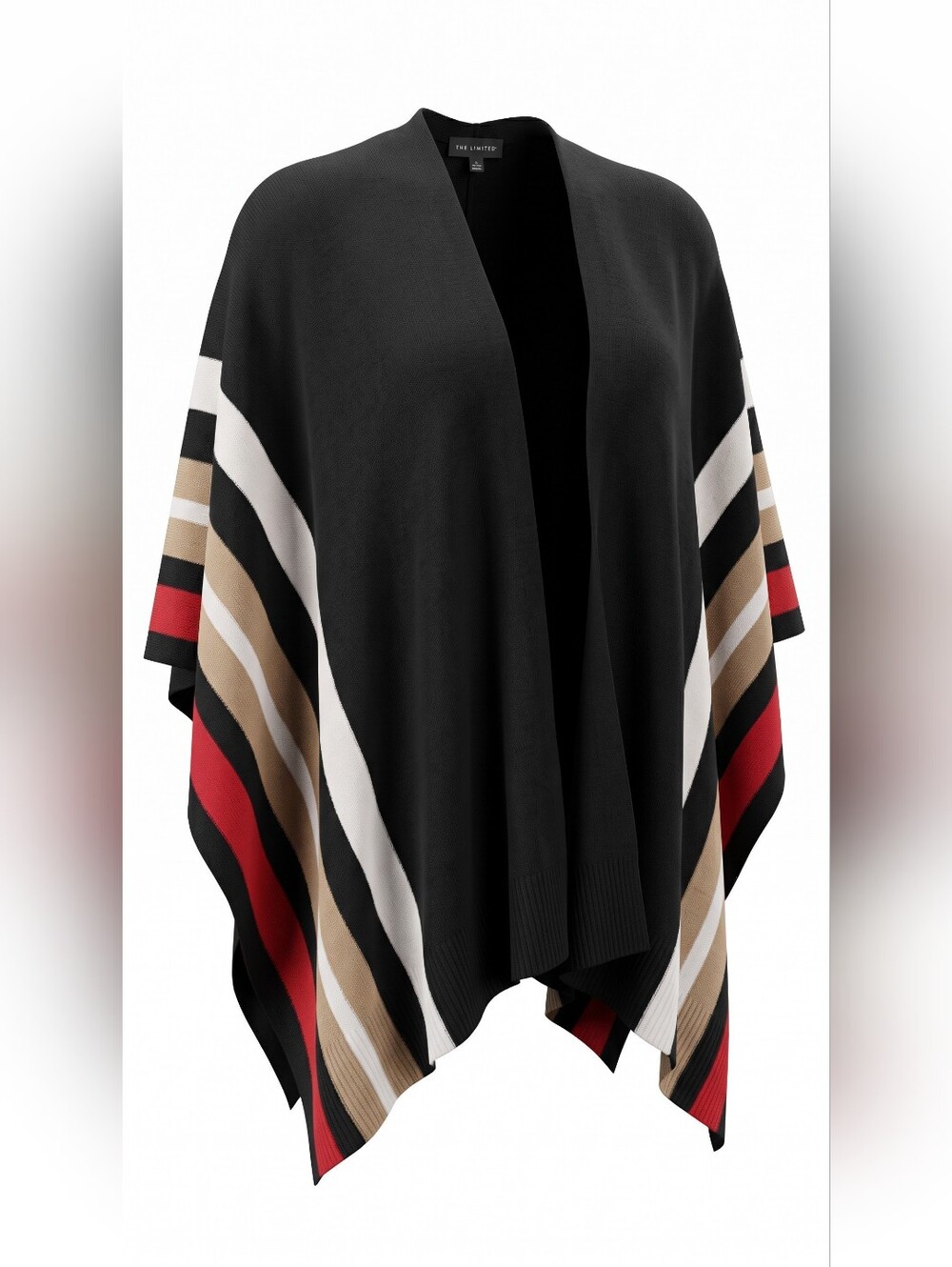 The Drop Black Striped Open-Front Poncho - Black/Red/Tan
